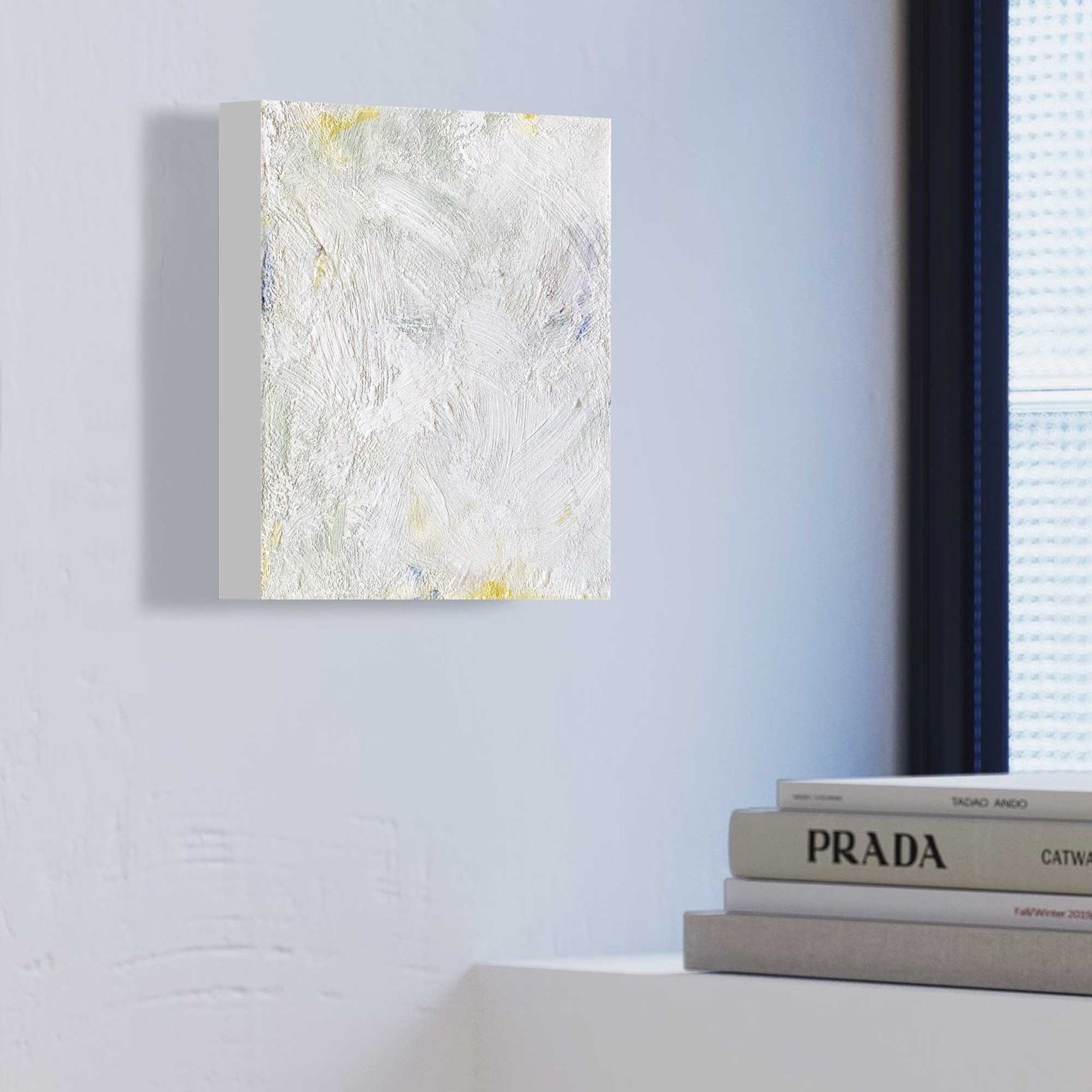 ENW-NB-013 "New Beginning" #13 (8x8x.875) Side view original encaustic abstract painting by Chizu Omori Art