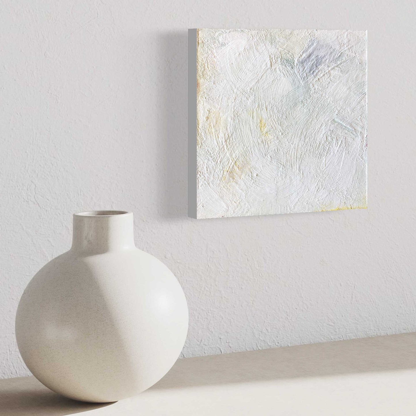 ENW-NB-014 "New Beginning" #14 (8x8x.875) Side view original encaustic abstract painting by Chizu Omori Art