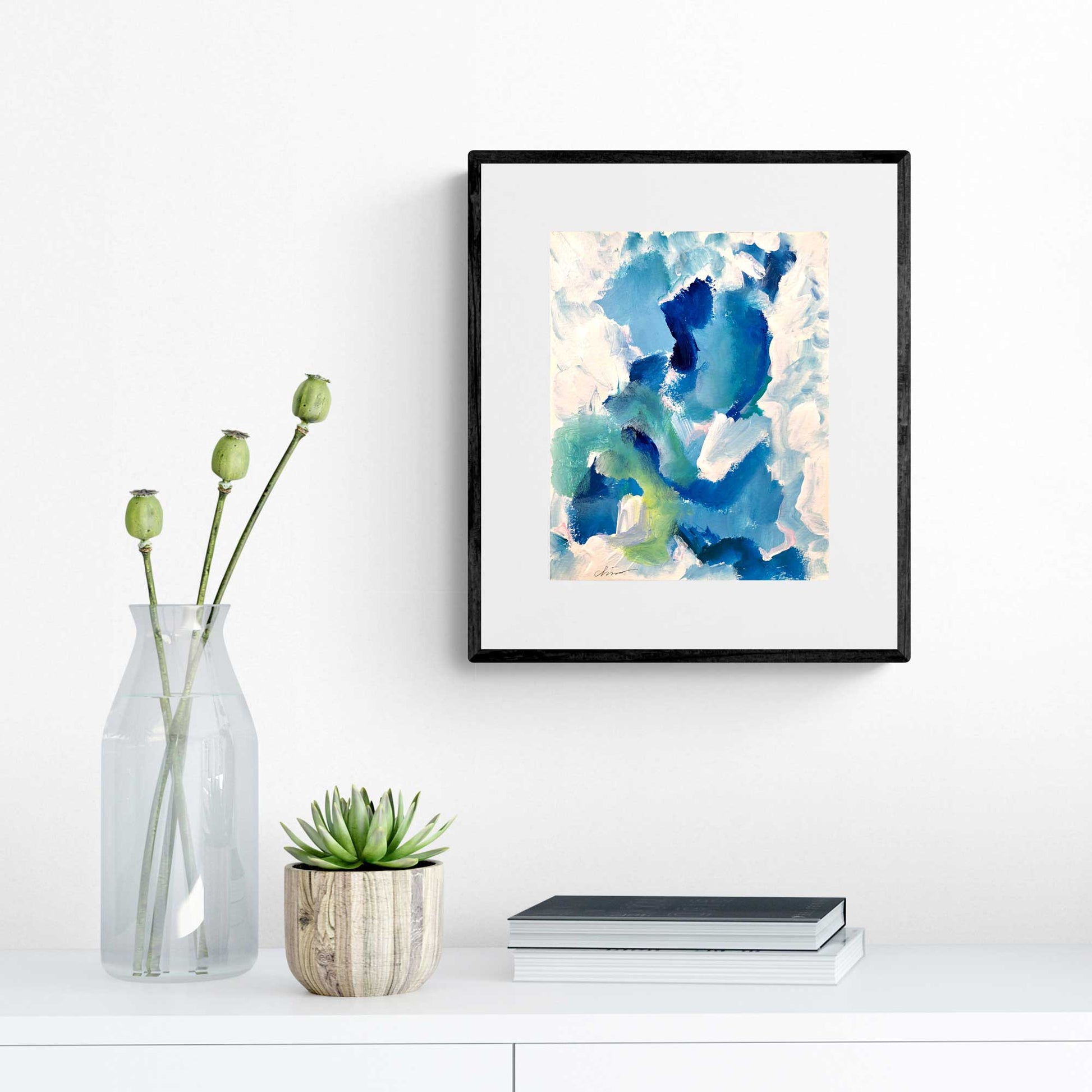 ACP-BD-001 "Blue Dance" #1 (10x8) Black Frame original acrylic abstract painting by Chizu Omori Art