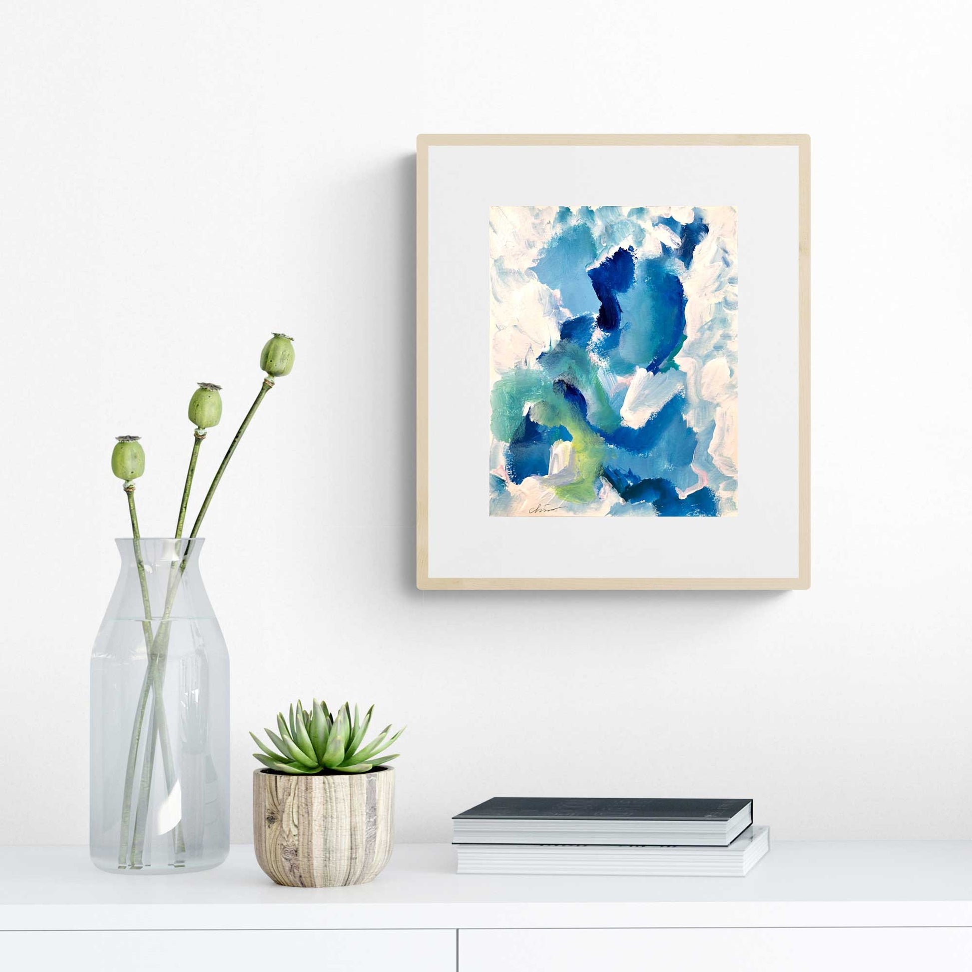 ACP-BD-001 "Blue Dance" #1 (10x8) Wood Frame original acrylic abstract painting by Chizu Omori Art